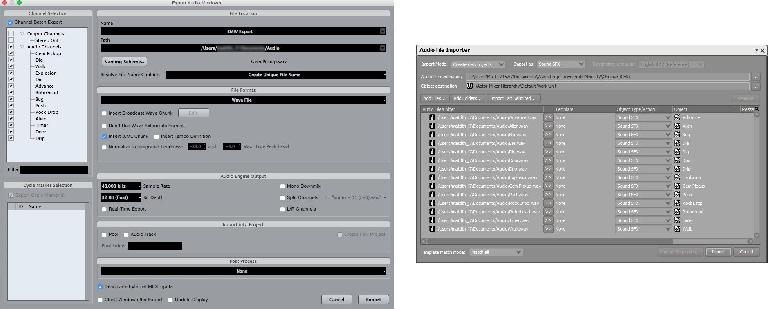 Figure 1. The Nuendo Channel Batch export window (left, Mac), and Wwise Audio File Import window (right, Windows.)