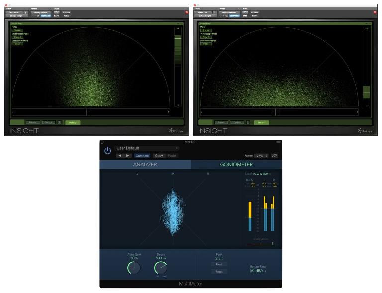 The Vectorscope (& Balance meter) in iZotope Insight, with good stereo (L) and problem stereo (R); and Logic’s Goniometer & Correlation meters