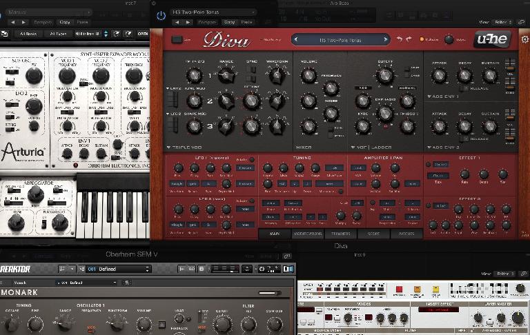 There are lots of virtual synths on the market nowadays. Above: u-he’s Diva, Arturia’s SEM V, NI’s Monark and D16’s Lush-101.