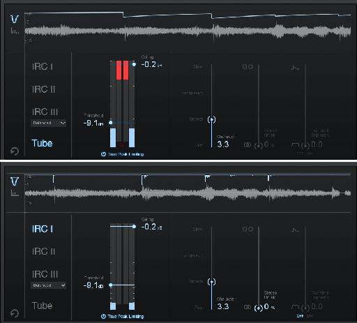 Figure 2. Tube mode (top) vs. IRC I mode. (Note the Gain Reduction Trace at top.)