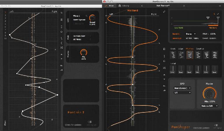 Side-by-side it’s easy to see the main differences of the free plug-ins PanCake 2 (left) and PanShaper (right). Additionally PanShaper has a preset library (and online sync for preset sharing), band-split with width controls per band, a selection of default modulation curves, user modulation curve storage and a more comprehensive LFO section including MIDI triggering.  