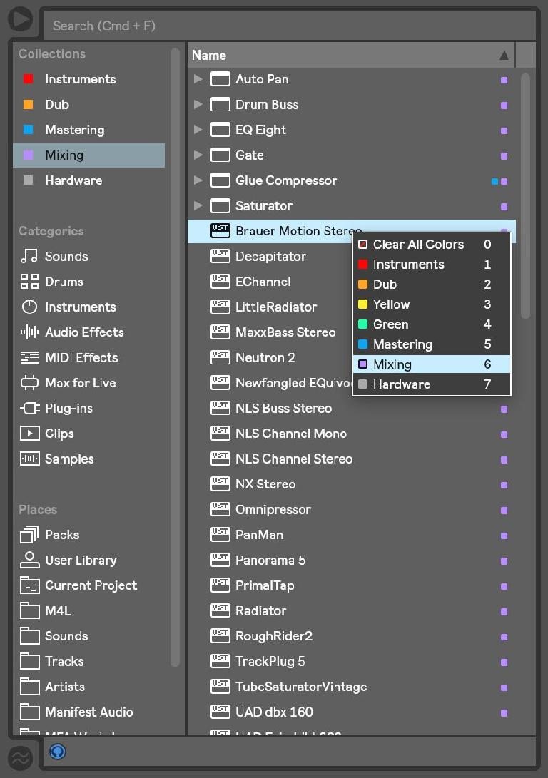 Live 10’s browser with Collections enabled and contextual assignment menu visible.