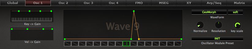 Saw wave in Wave 1 custom waveform in Wave 9.
