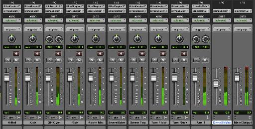 In this example the Master Fader (labelled DrmsSbMst) is controlling the level of summed signals entering the Aux channel, which is then passing the signal to the main output