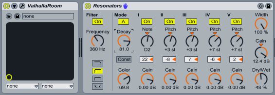 Placing Resonators after a long reverb tail is a great way to make thick, drone-style atmospheres. 