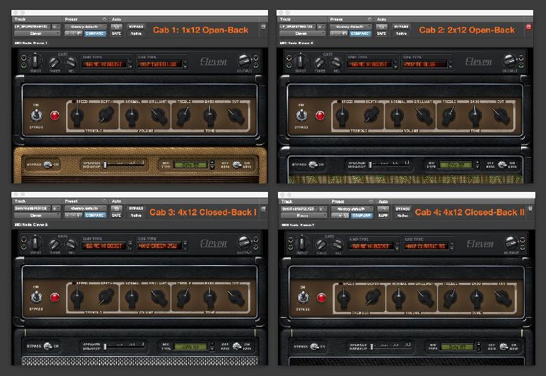 Fig 3 Mix & Match: The same virtual virtual amp with a few different cabinets (small single speaker, dual-speaker open-back, 4-speaker closed-back x2)