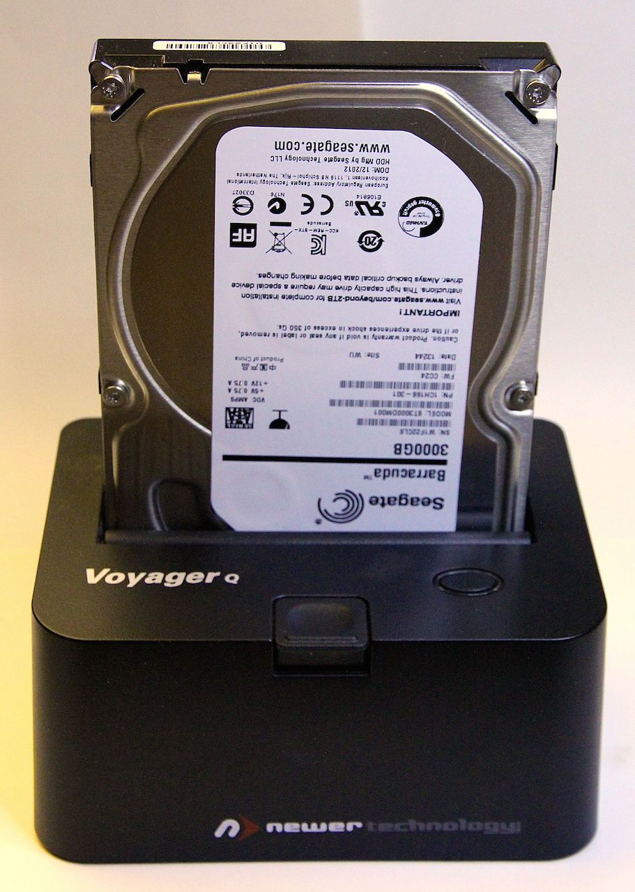 Shown is the Voyager drive docking station from Newer Technology. It accommodates both 2.5 and 3.5 drive sizes with a variety of interface methods. Using the dock means that you don't have to store multiple drive enclosures and power supplies and if you need to use a raw drive in a pinch, just pop it into the dock.