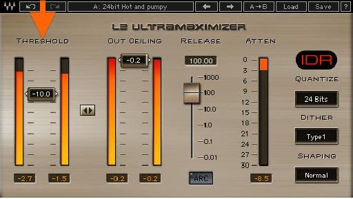 Fig 4 A typical Brickwall Limiter/Loudness Maximizer has 1 control which simultaneously lowers the limiting threshold & raises the Average level.