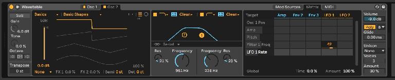 LFO 1 assigned to Filter 1 Freq in Wavetable.