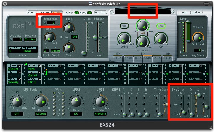 EXS24 with 'No Instrument', the Transpose field and ENV 2's ADSR.