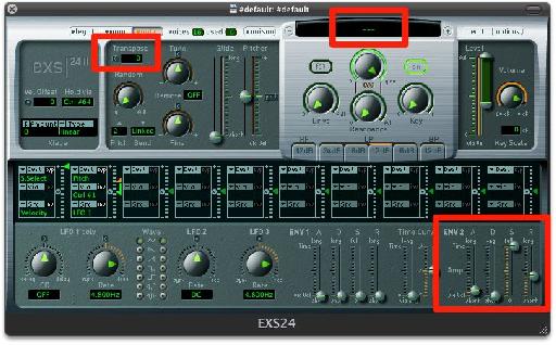 EXS24 with ‘No Instrument’, the Transpose field and ENV 2’s ADSR.