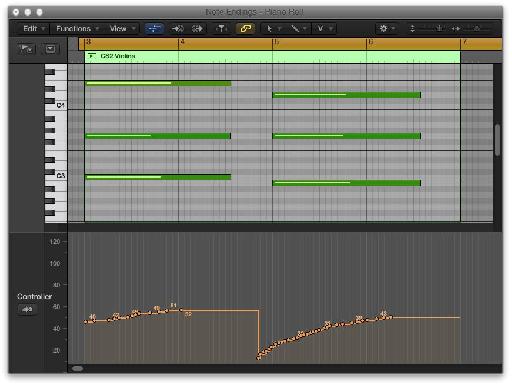 CAPTION: CC#1 rides create a slight crescendo at the start of each chord. Bumps are heard at each chord’s conclusion, however. 