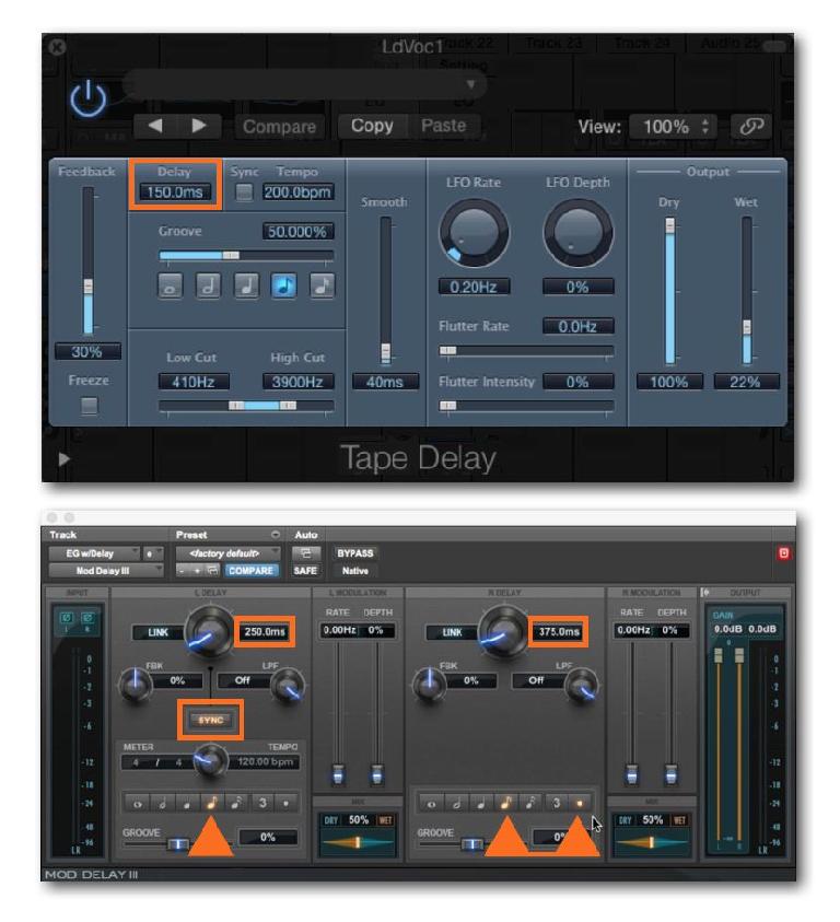 Delays set for a classic Slap Echo (Top), and for a pattern of musical delays, sync’d to Session Tempo (Bottom)