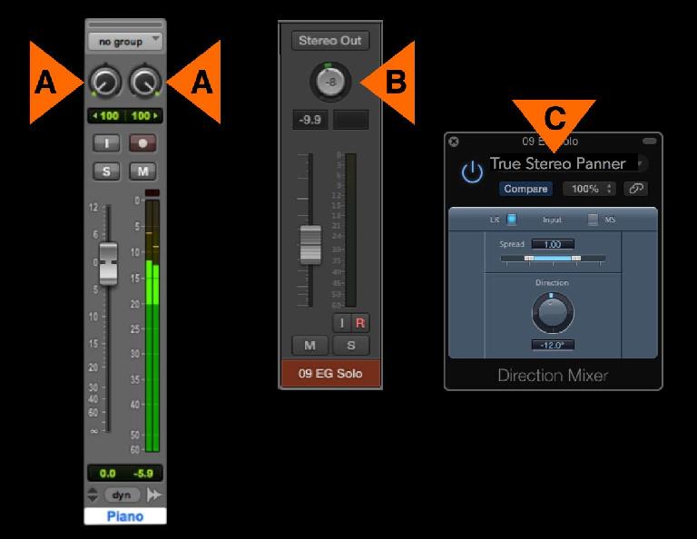 Fig 3 L to R: A) Proper stereo Pan controls ; B) A stereo Balance knob ; C) An imaging plug-in (Logic’s DirMixer) that does stereo true panning