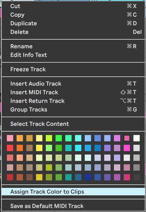 The track color context menu