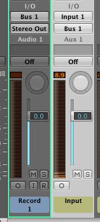 The signal enters the Aux channel and is then bussed to the Audio channel to be recorded