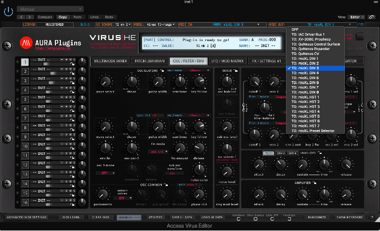 Select the UI Scheme, your Virus Model, and MIDI IN and Out 