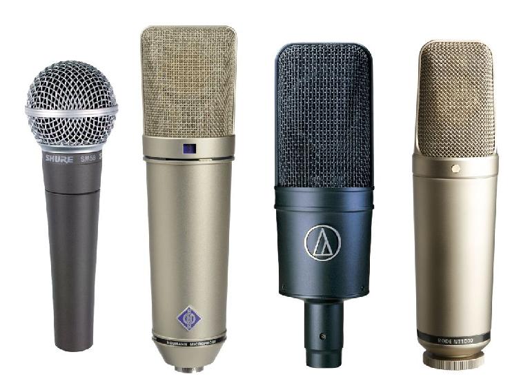 Fig 1: (L to R) A Shure SM58 (the classic dynamic stage mic); a Neumann U87 (a classic (but very pricey) large-diaphragm vocal condenser); a couple of more budget-conscious vocal condensers (AT 4033, Rode NT1000).