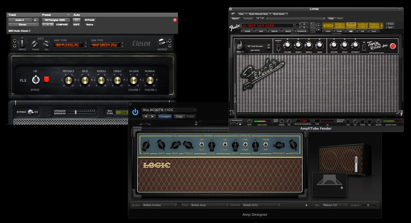 Some Guitar Amp sims (L to R): Avid's Eleven, Logic's Amp Designer, IK Multimedia's Amplitube.