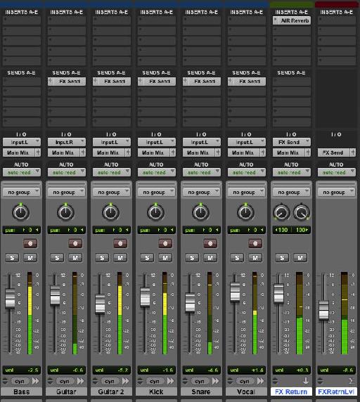 In this example the Master Fader (labelled FXRetrnLvl) is being used to scale back the signal in the FX Send bus (which is the sum of all the sends from the various channels) before it hits the Aux track (labelled FX Return). The Master Fader is performing the same role as an Auxiliary return control on a mixing desk; the Aux track fader controls the level of signal passed back to the Main Mix bus.