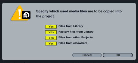 Live’s “Collect All and Save” function ensures that all audio and video files referenced by the project are copied into the project folder.