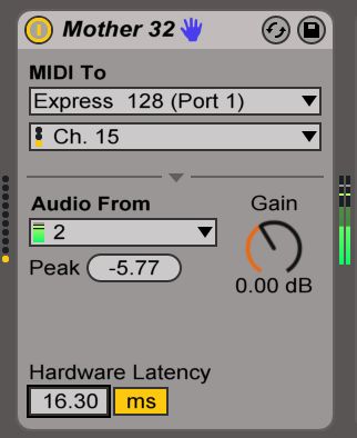 External Instrument configured for my Moog Mother 32, receiving MIDI on Channel 15 and delivering audio on Input 2 with a latency of 16.30 milliseconds.