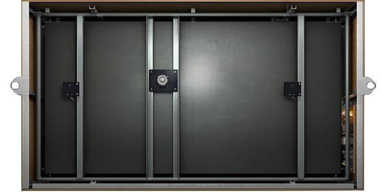 Fig 2 A view of the inside of an EMT plate reverb, showing the plate itself and the transducer (center) and pickups (left & right)