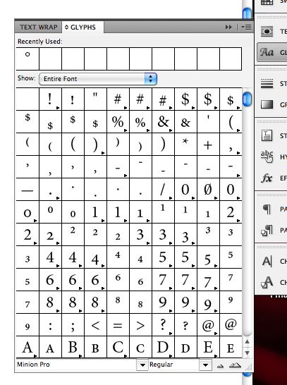 Use the Glyphs panel to insert glyphs and special characters in Adobe InDesign