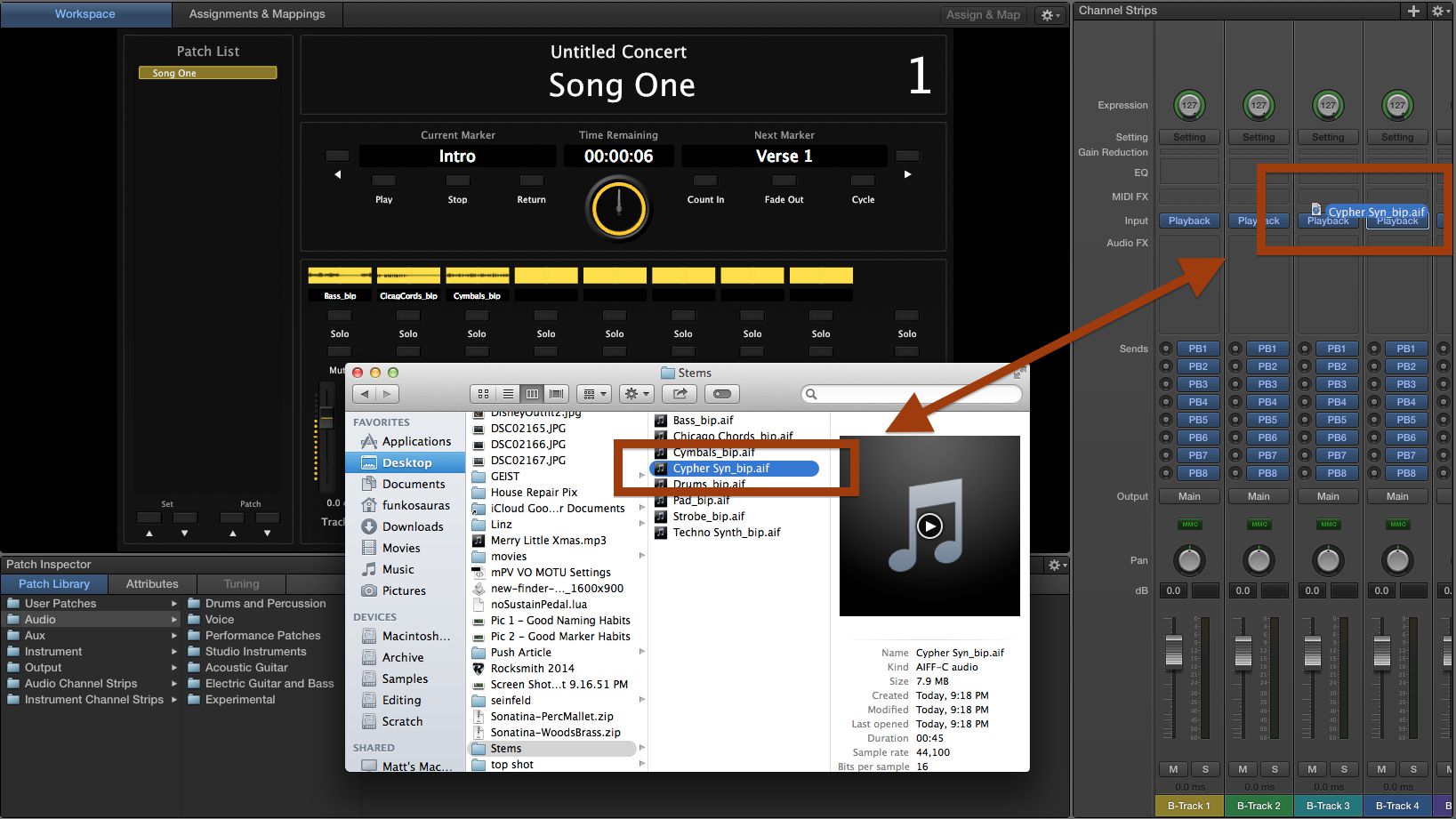 Getting your backing tracks into MainStage is as easy a dragging and dropping.