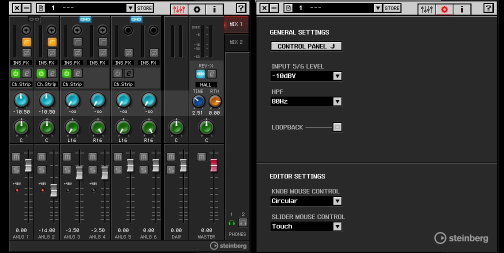 dspMixFx Mixer (left) and Settings (right) control panels.