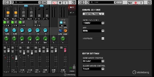 dspMixFx Mixer (left) and Settings (right) control panels.