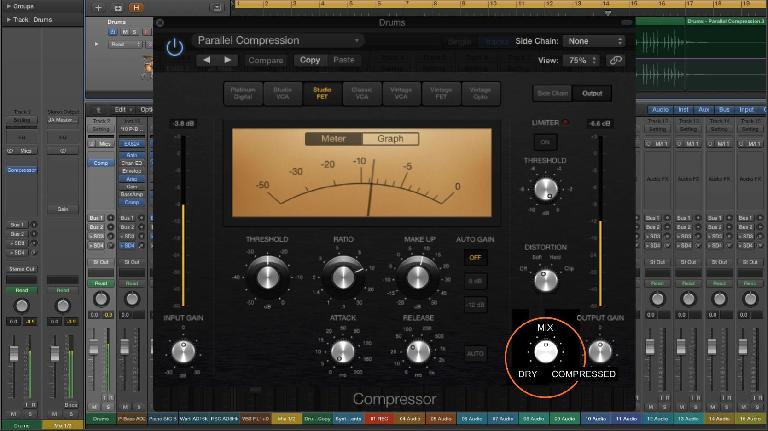 A Mix knob adds in-line parallel compression capability to Logic’s Compressor