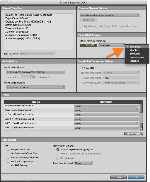 Import options for SRC and timeline placement