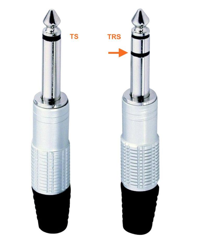 Unbalanced TS cable (left) vs balanced TRS cable (right)