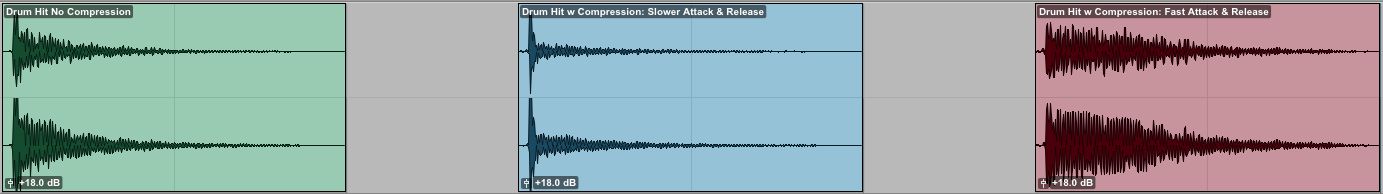 Drum Compression as Effect: L->R: No Comp; Slower Attack & Release (tight drum sound); Fast Attack & Release (looser, ringy sound).