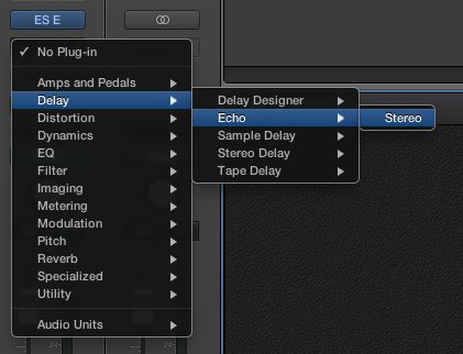 Selecting the Echo plug-in in a channel strip.