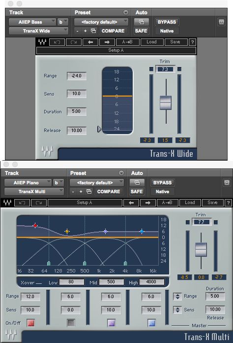 Fig 4 Settings used to impart a rounder tone to a bass (top), and a more percussive quality to a piano (bottom)