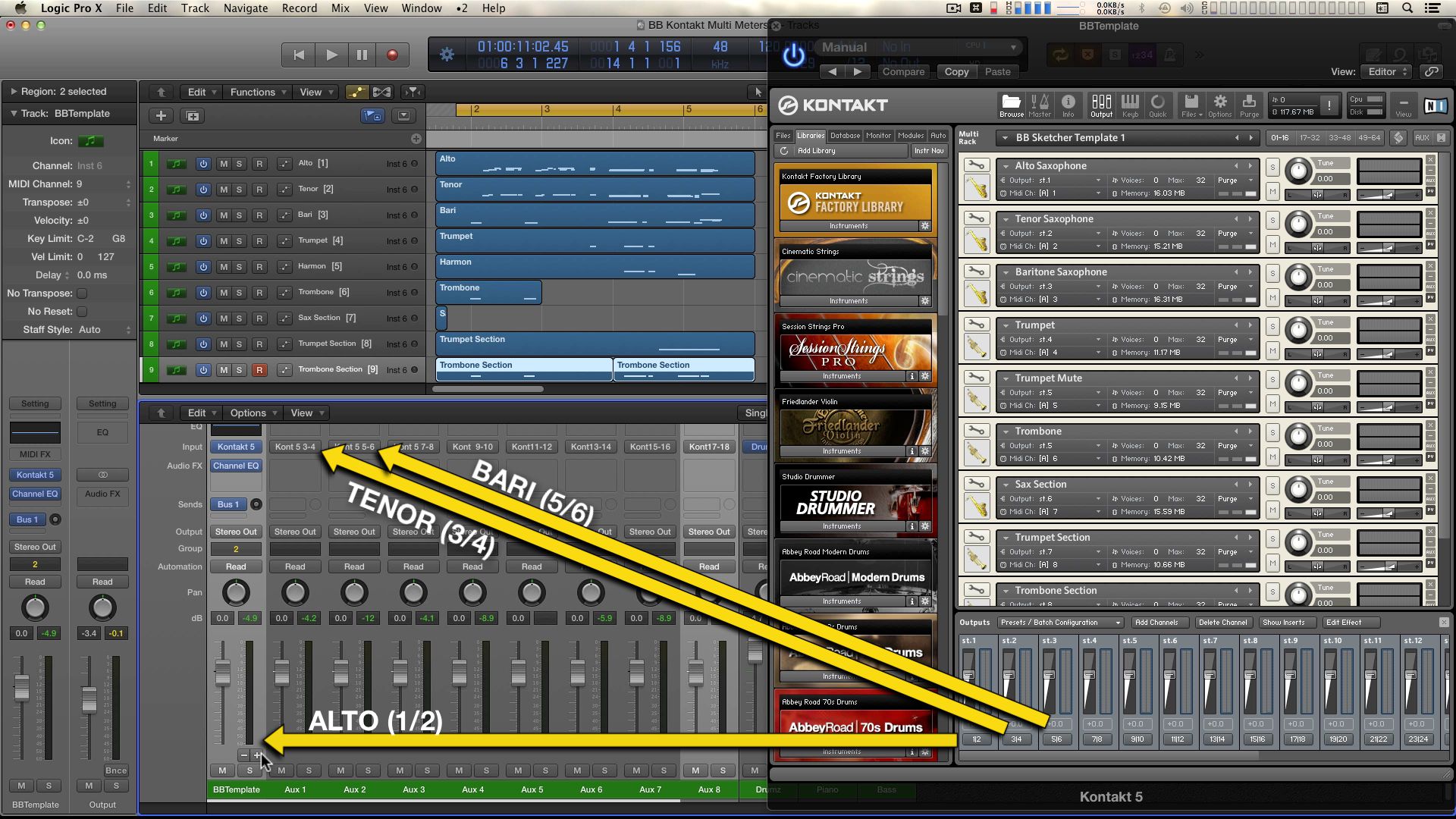 A multi-timbral, multi-output instance of Kontakt.