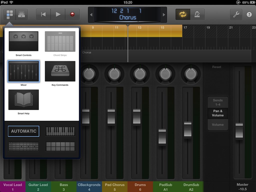 Tap the View button in the Control Bar and choose Mixer view.