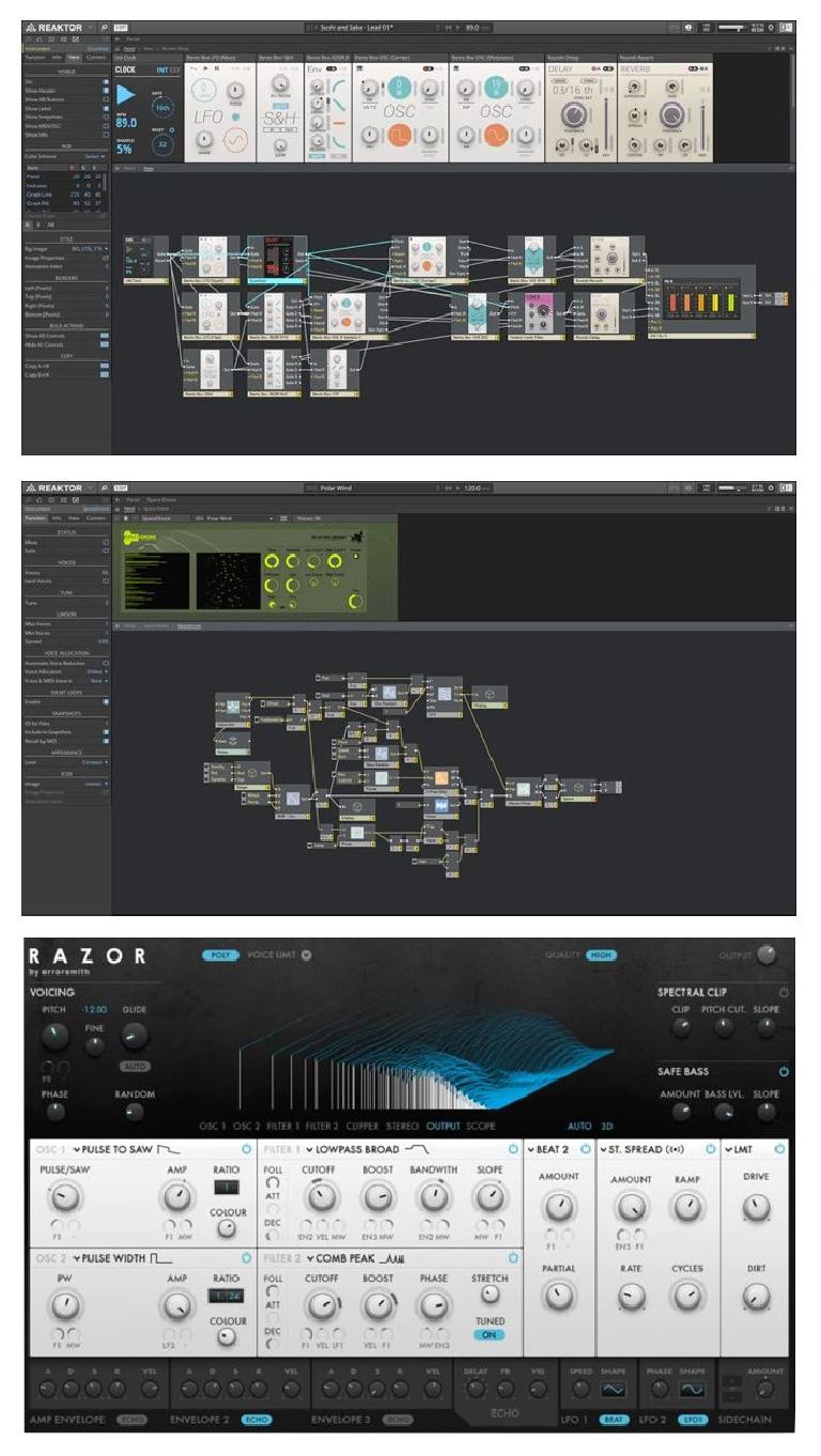 Fig 3 A couple of NI Reaktor patches (top, middle) and a finished ensemble front panel (bottom)