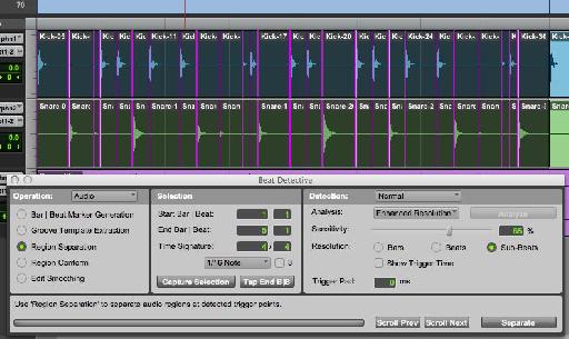 Selection separated into regions at transients.