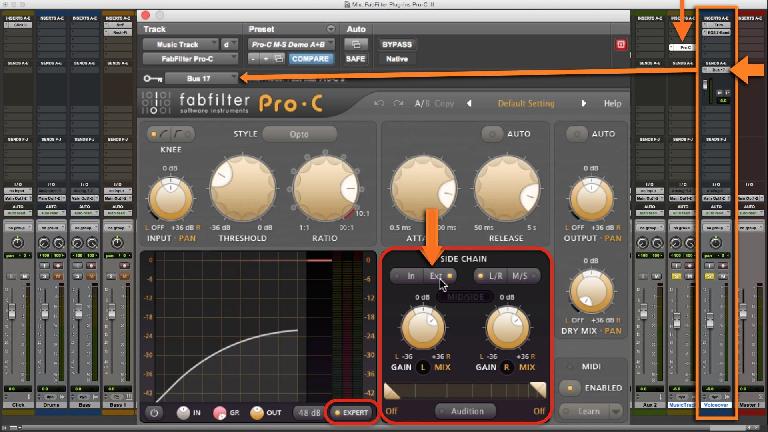 Fig 4 Pro-C set up with a sidechain input in the Expert control section for Ducking music under a voiceover. 