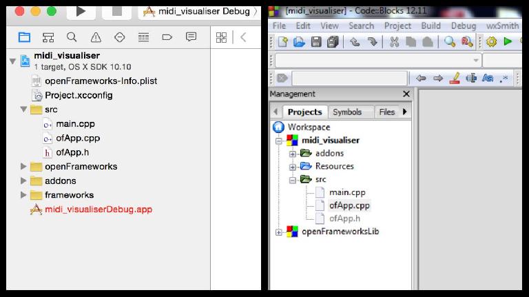 The Xcode (left image) and Code::Blocks (right image) project navigator where you will find the source code files