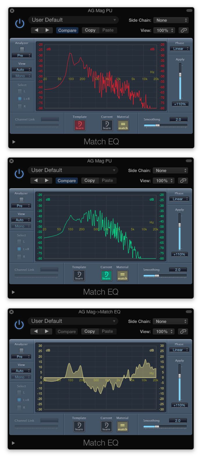 Fig 5 Logic's Match EQ analyzes a Reference recording (miked-up AG) [Top] and a Target (DI'd AG w mag PU) [Center], and creates an EQ curve to match the tone of the DI'd track to the miked-up version [Bottom].
