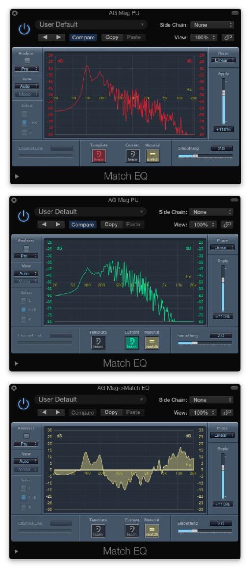 Fig 5 Logic’s Match EQ analyzes a Reference recording (miked-up AG) [Top] and a Target (DI’d AG w mag PU) [Center], and creates an EQ curve to match the tone of the DI’d track to the miked-up version [Bottom].