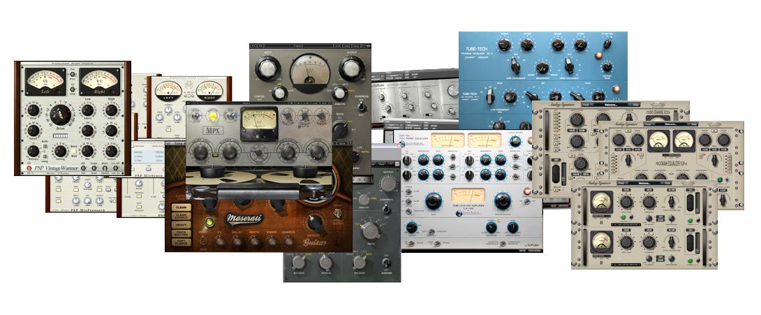 Various analog-modeling plug-ins from (L->R) PSP, Waves, Softube, and Nomad Factory.