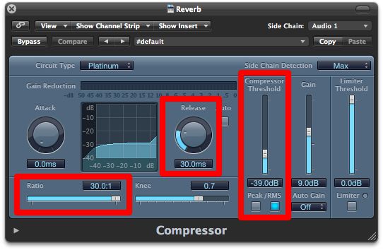 Typical compressor settings for ducking reverb