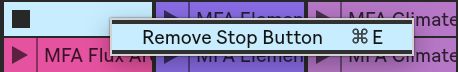 Removing a clip stop button (a), and the resulting empty clip slot between clip groups (b)