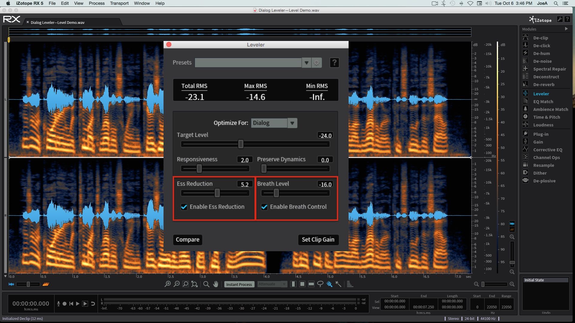 Fig 4 The Dialog Leveler, set to fix excessive sibilance (Ess Reduction) and breath sounds (Breath Control).