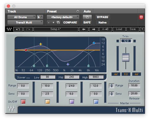 Fig 3 Tweaking individual drums in a full drumkit track with Waves’ Trans-X Multi multiband transient shaper